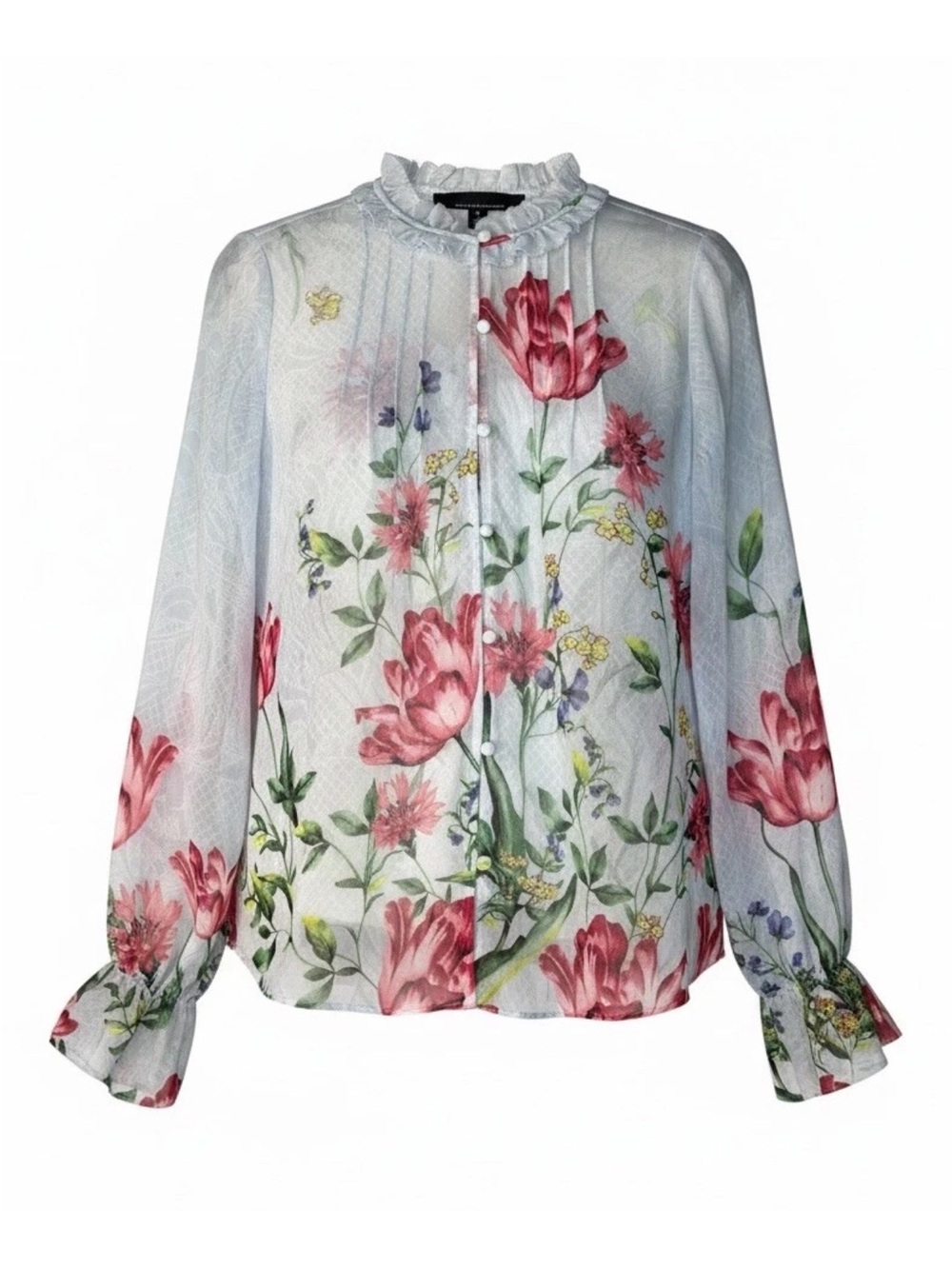 White House Black Market WHBM Blue Floral Sheer Blouse with Liner Medium M Top - Picture 5 of 5